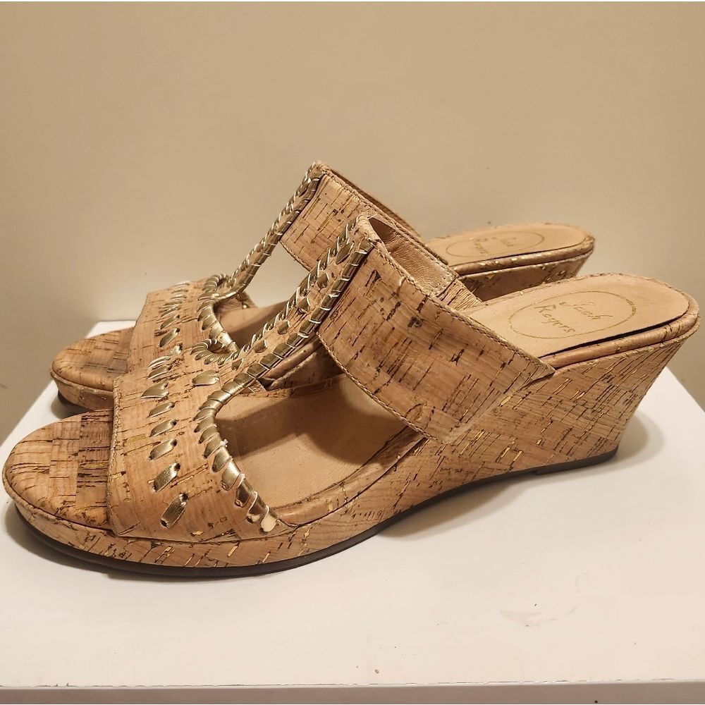Jack Rogers "Nora" Cork Print Leather Gold Whipstitch Sandals Sz.9.5 Ret $128